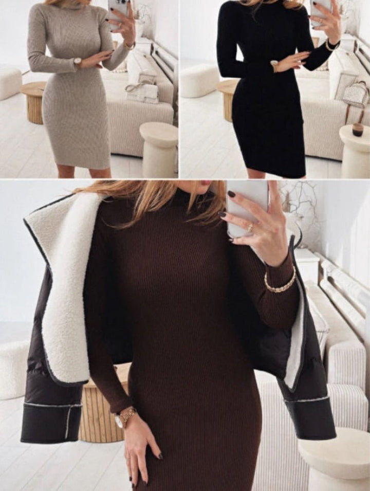 Abito in maglia a costine collo alto manica lunga aderente elasticizzato morbido e caldo Beige Level Stores