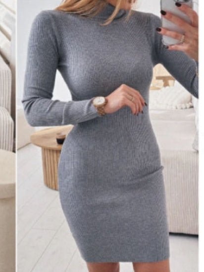 Abito in maglia a costine collo alto manica lunga aderente elasticizzato morbido e caldo Grigio Level Stores