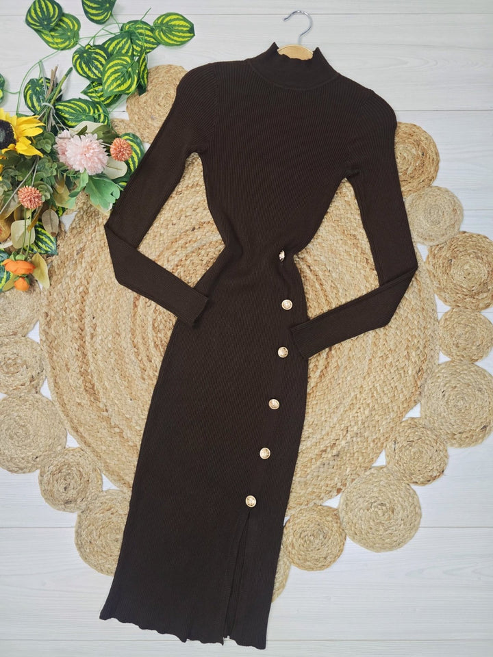 Abito in maglia a costine con bottoni manica lunga aderente spacco elegante elasticizzato morbido e caldo Bordo Level Stores