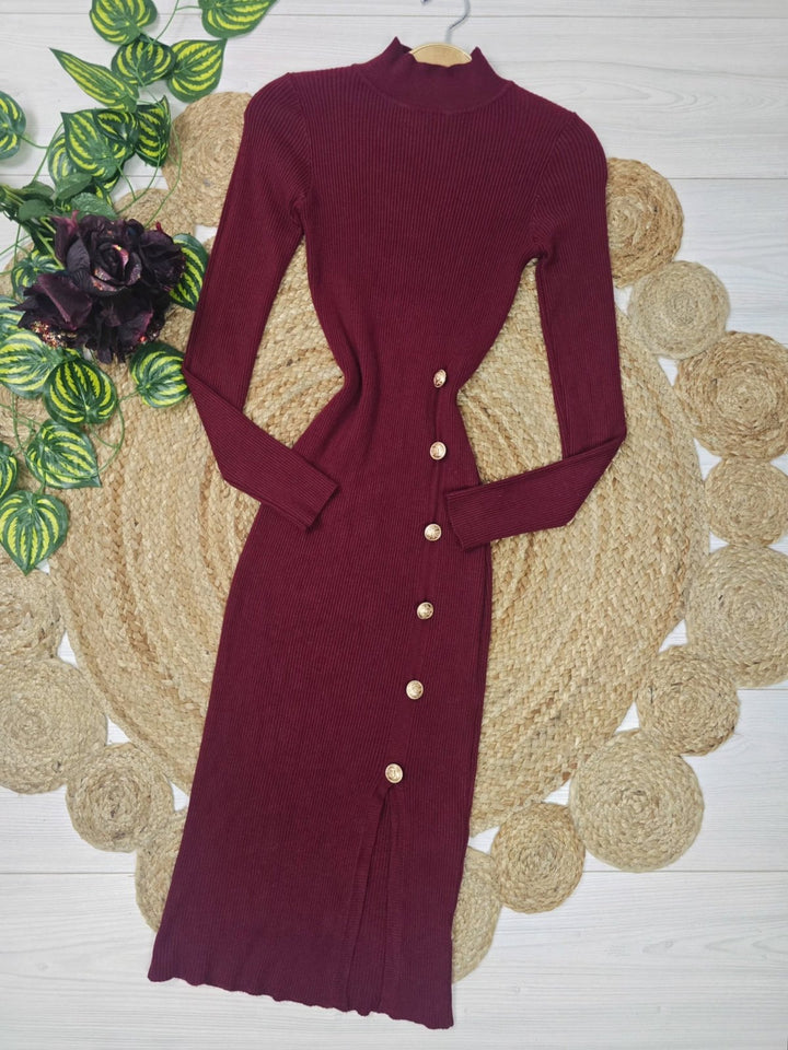 Abito in maglia a costine con bottoni manica lunga aderente spacco elegante elasticizzato morbido e caldo Bordo Level Stores