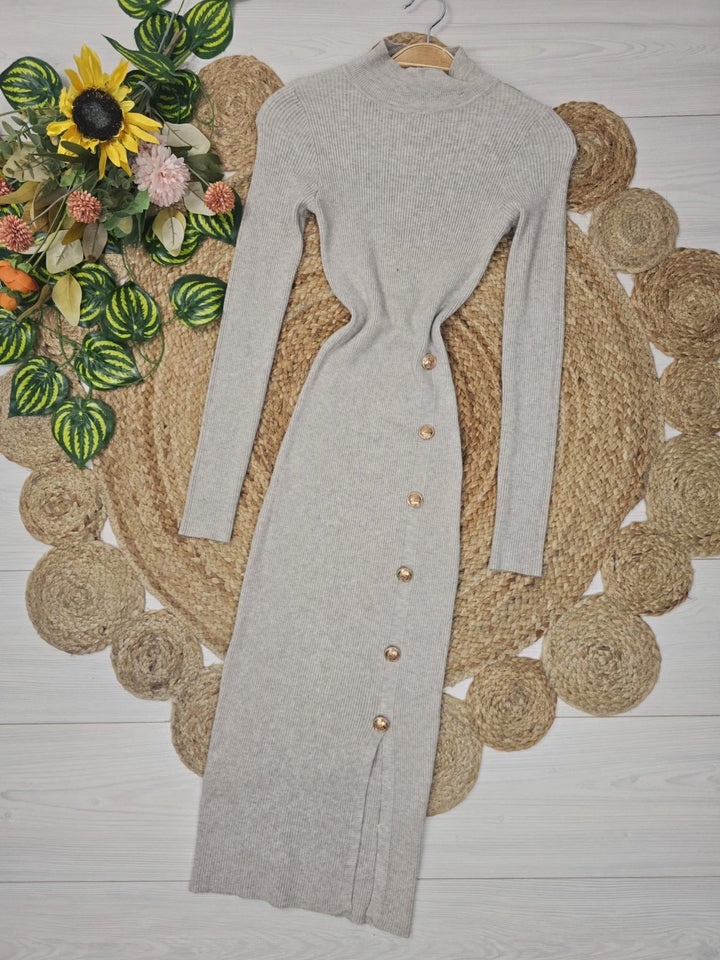 Abito in maglia a costine con bottoni manica lunga aderente spacco elegante elasticizzato morbido e caldo Bordo Level Stores