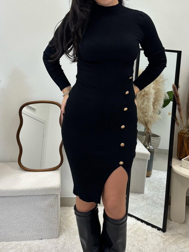 Abito in maglia a costine con bottoni manica lunga aderente spacco elegante elasticizzato morbido e caldo Nero Level Stores