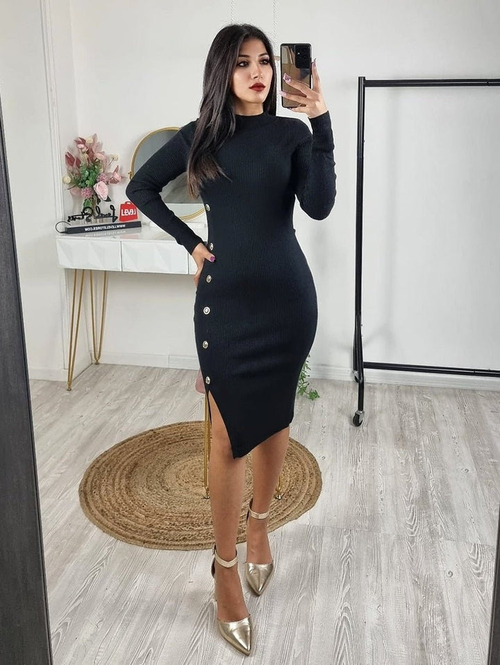 Abito in maglia a costine con bottoni manica lunga aderente spacco elegante elasticizzato morbido e caldo Beige Level Stores