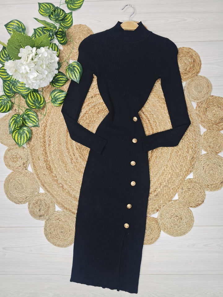 Abito in maglia a costine con bottoni manica lunga aderente spacco elegante elasticizzato morbido e caldo Bordo Level Stores