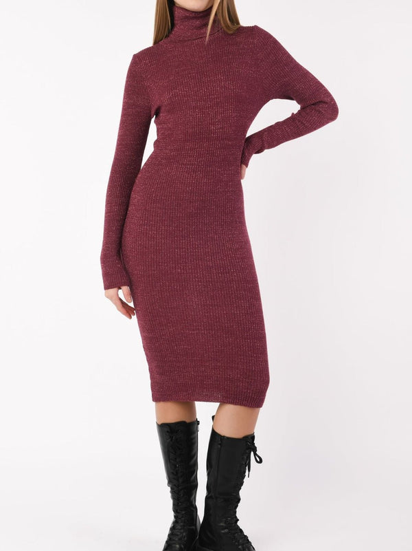 Abito in maglia a costine in lurex collo alto manica lunga aderente elasticizzato morbido e caldo Bordo Level Stores