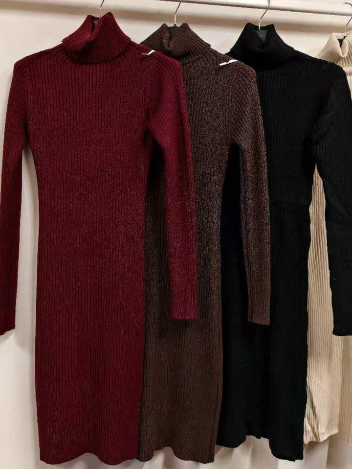 Abito in maglia a costine in lurex collo alto manica lunga aderente elasticizzato morbido e caldo Nero Level Stores