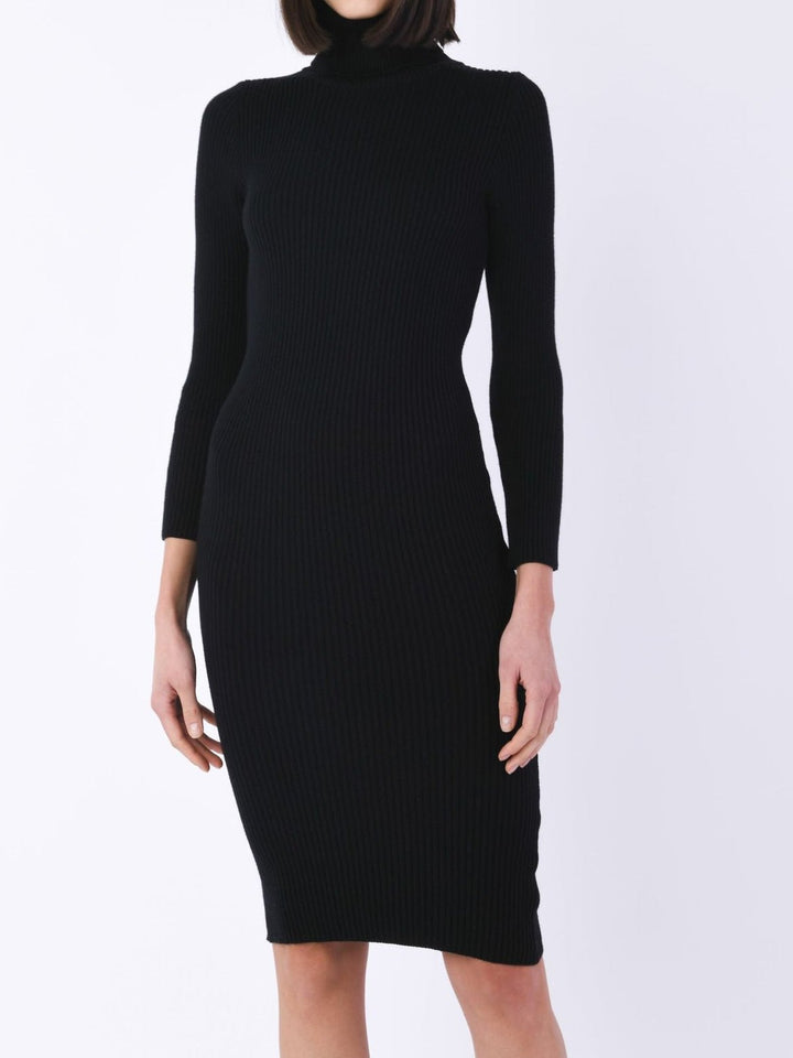 Abito in maglia a costine in lurex collo alto manica lunga aderente elasticizzato morbido e caldo Nero Level Stores