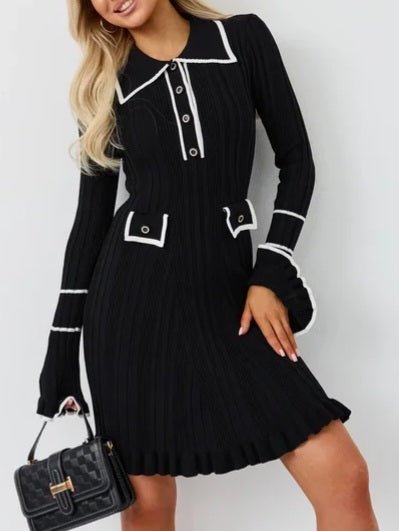 Abito in maglia a costine scollo a v con bottoni manica lunga aderente elegante elasticizzato morbido e caldo Beige Level Stores