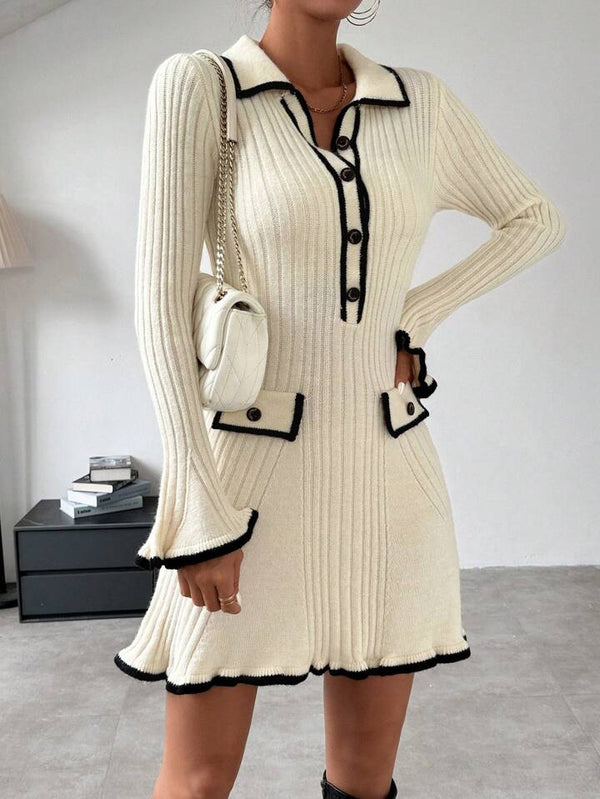 Abito in maglia a costine scollo a v con bottoni manica lunga aderente elegante elasticizzato morbido e caldo Beige Level Stores