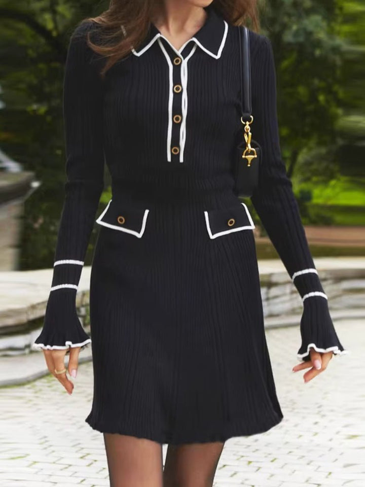 Abito in maglia a costine scollo a v con bottoni manica lunga aderente elegante elasticizzato morbido e caldo Nero Level Stores