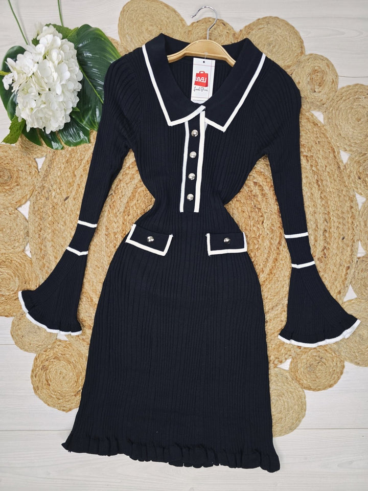 Abito in maglia a costine scollo a v con bottoni manica lunga aderente elegante elasticizzato morbido e caldo Nero Level Stores