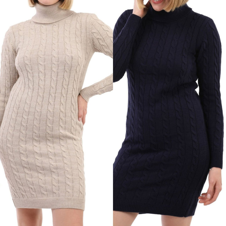 Abito in maglia collo alto pesante con motivo intreccio morbido e caldo Bordo Level Stores