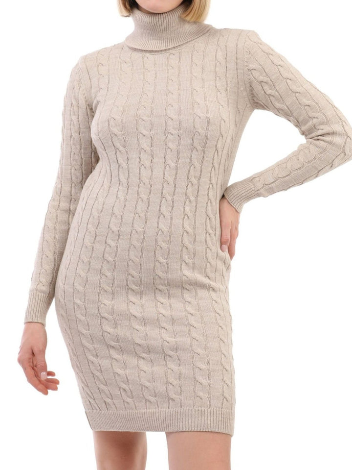 Abito in maglia collo alto pesante con motivo intreccio morbido e caldo Beige Level Stores