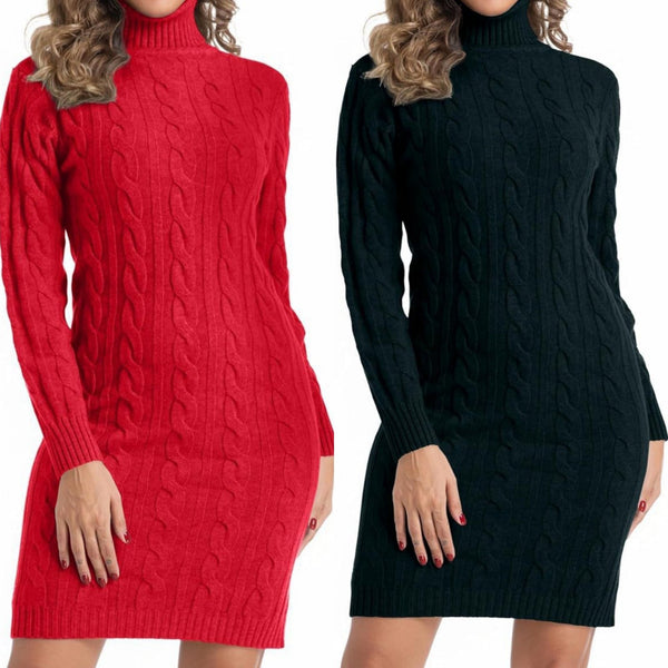 Abito in maglia collo alto pesante con motivo intreccio morbido e caldo Rosso Level Stores