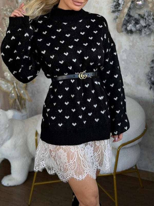 Abito in maglia con pizzo e manica lunga con fantasia cuore morbido e caldo Nero Level Stores