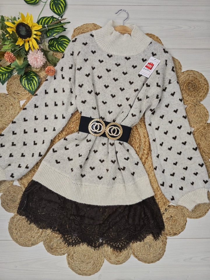 Abito in maglia con pizzo e manica lunga con fantasia cuore morbido e caldo Marrone Level Stores