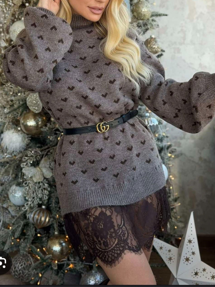 Abito in maglia con pizzo e manica lunga con fantasia cuore morbido e caldo Nero Level Stores