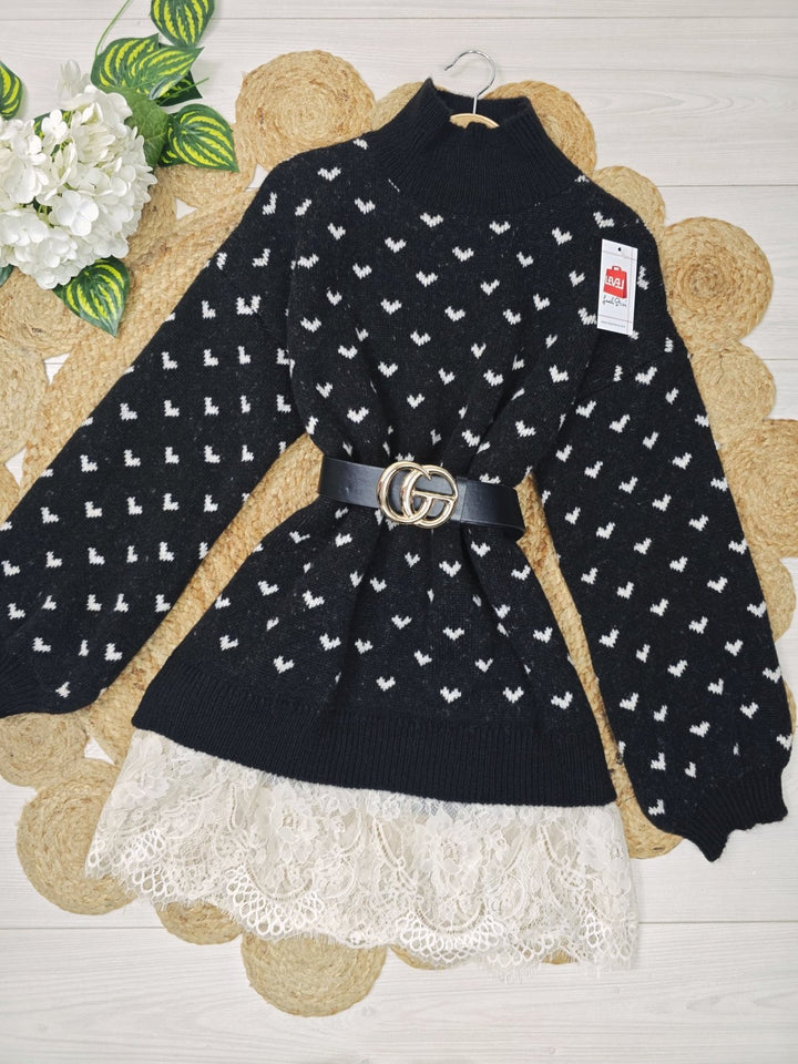 Abito in maglia con pizzo e manica lunga con fantasia cuore morbido e caldo Nero Level Stores