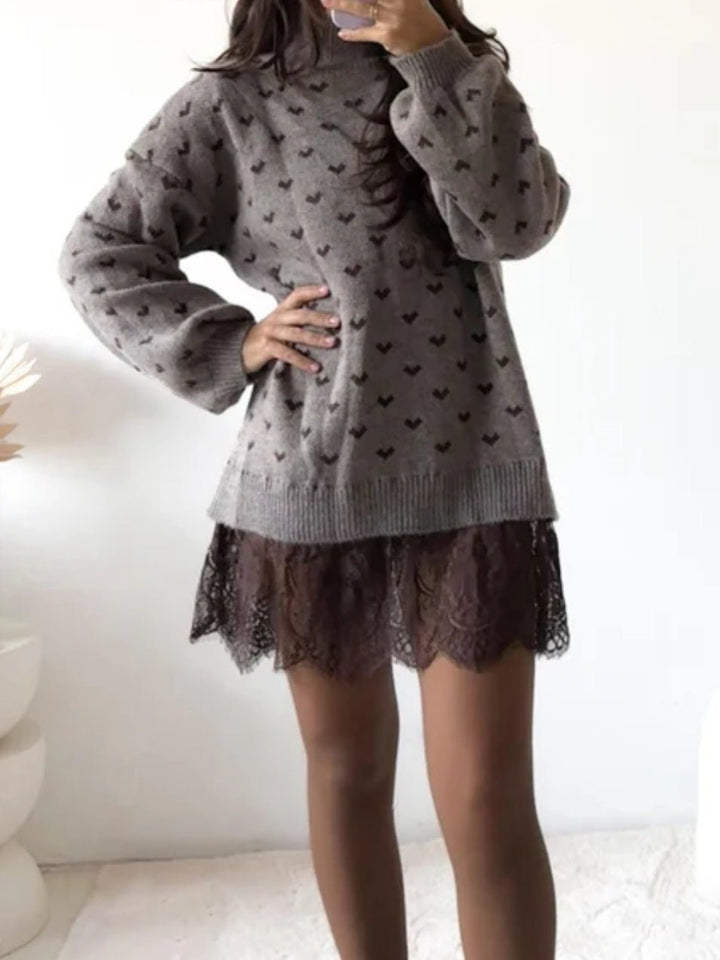 Abito in maglia con pizzo e manica lunga con fantasia cuore morbido e caldo Marrone Level Stores