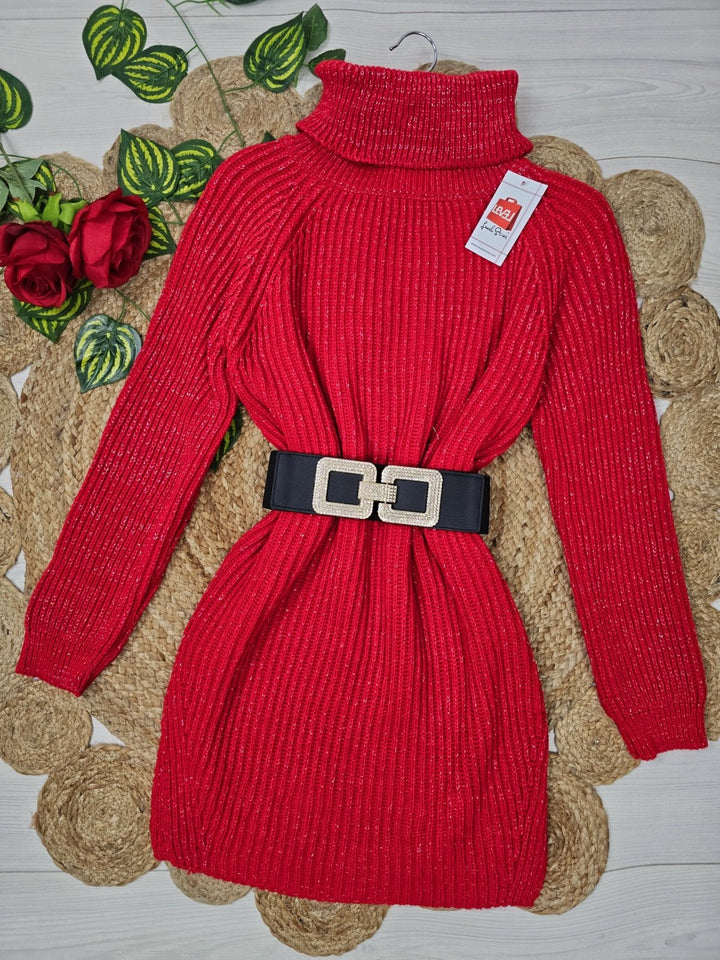 Abito in maglia pesante collo alto in lurex con spacco morbido e caldo Rosso Level Stores