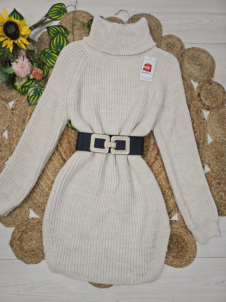Abito in maglia pesante collo alto in lurex con spacco morbido e caldo Beige Level Stores