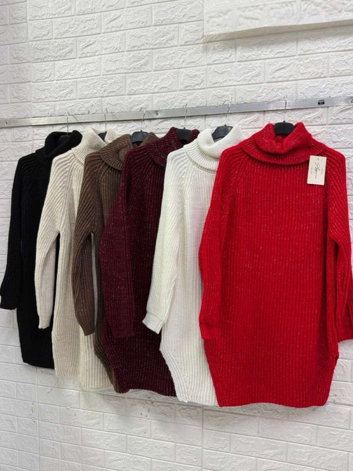 Abito in maglia pesante collo alto in lurex con spacco morbido e caldo Rosso Level Stores