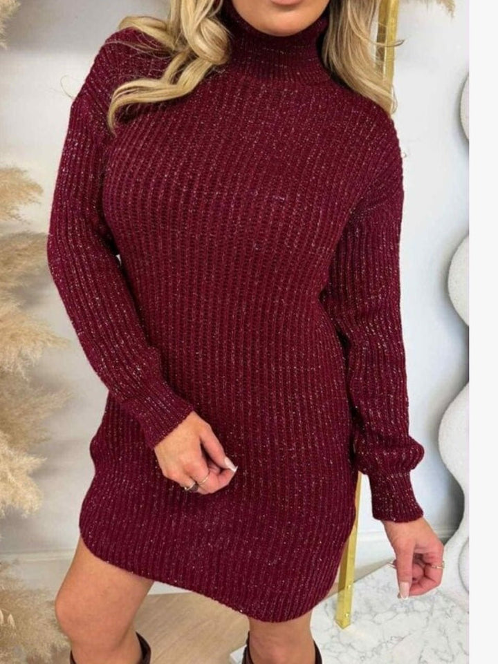 Abito in maglia pesante collo alto in lurex con spacco morbido e caldo Marrone Level Stores