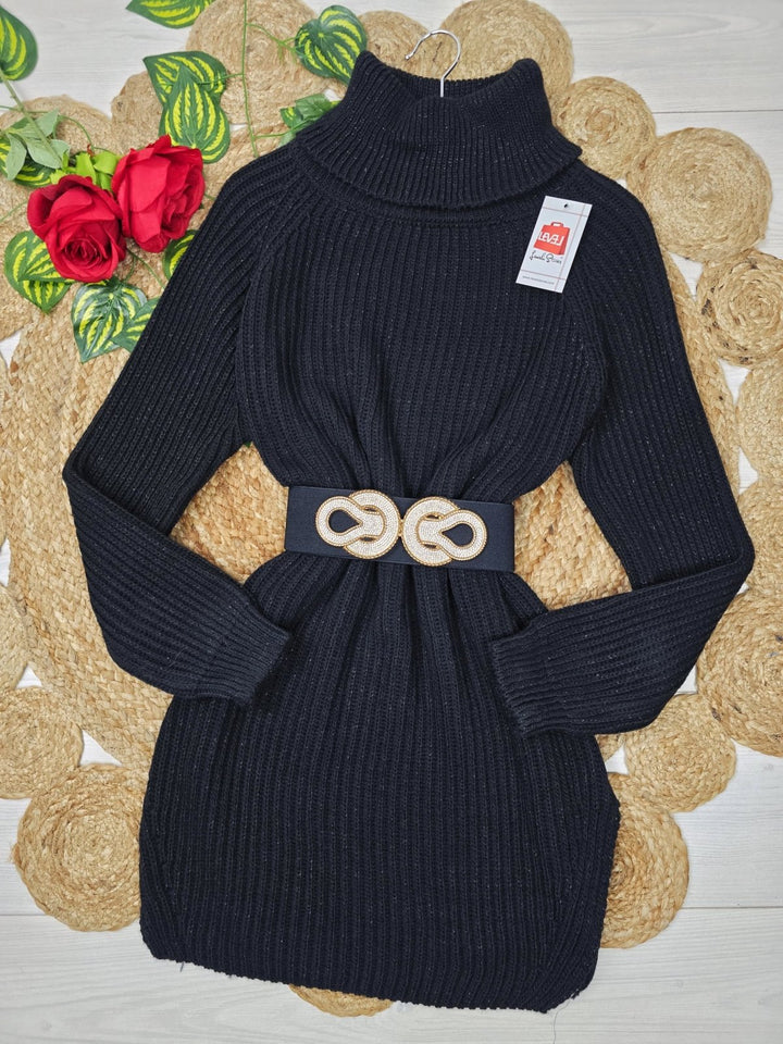 Abito in maglia pesante collo alto in lurex con spacco morbido e caldo Rosso Level Stores