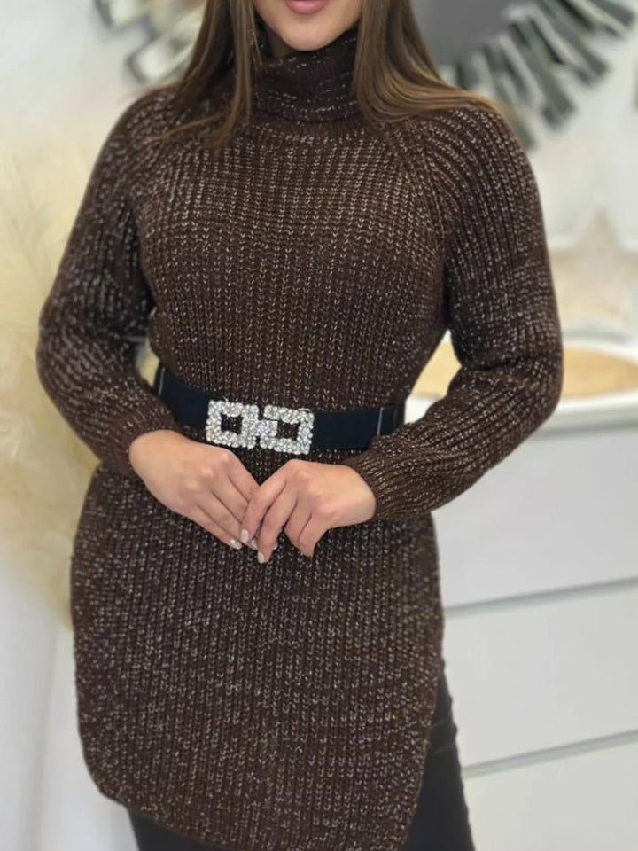 Abito in maglia pesante collo alto in lurex con spacco morbido e caldo Nero Level Stores