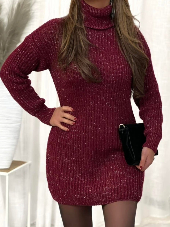 Abito in maglia pesante collo alto in lurex con spacco morbido e caldo Bordo Level Stores