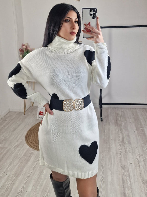 Abito in maglia pesante con fantasia a cuore - Bianco - Level Stores