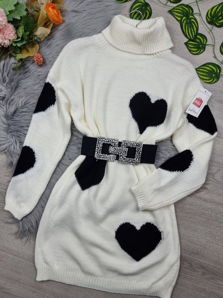 Abito in maglia pesante con fantasia a cuore - Bianco - Level Stores