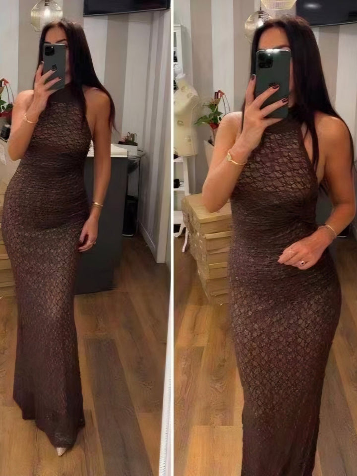 Abito in pizzo con scollo all'americana aderente elasticizzato elegante Nero Level Stores