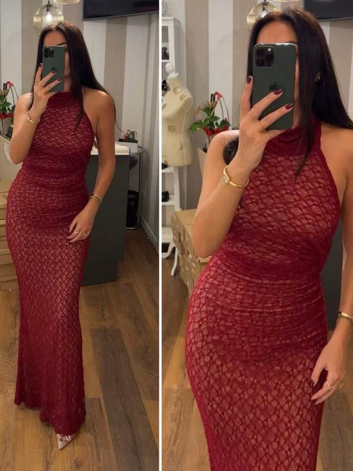 Abito in pizzo con scollo all'americana aderente elasticizzato elegante Nero Level Stores