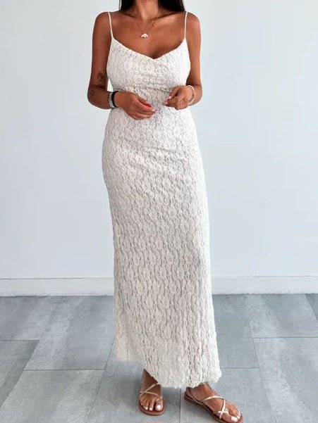 Abito in pizzo con spalle regolabili Aderente Elasticizzato con spacco laterale Beige Level Stores