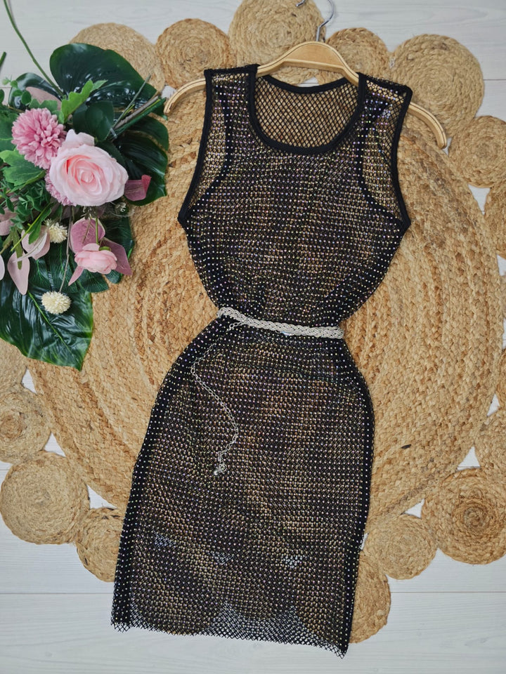 Abito in rete strass trasparente Sexy Copricostume festivo club abito da spiaggia elasticizzato - Nero - Level Stores