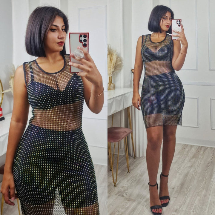 Abito in rete strass trasparente Sexy festivo club elasticizzato Nero Level Stores