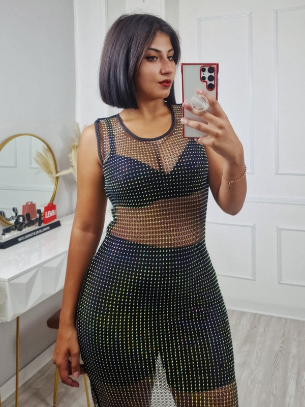 Abito in rete strass trasparente Sexy festivo club elasticizzato Nero Level Stores