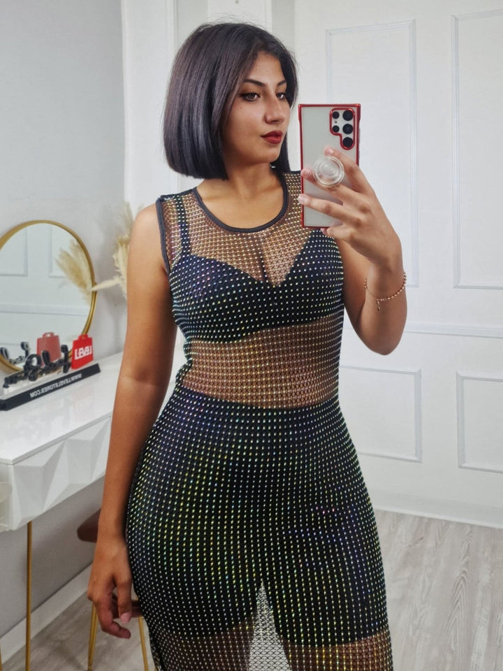 Abito in rete strass trasparente Sexy festivo club elasticizzato Nero Level Stores