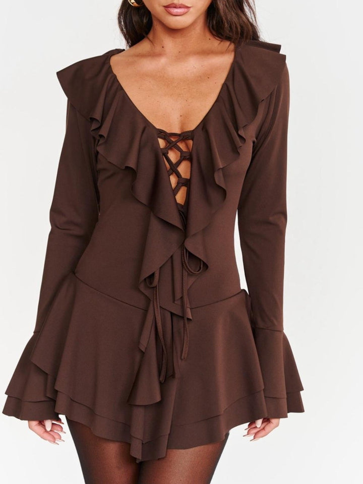 Abito in tessuto elasticizzato scollo a v con lacci manica lunga gonna con volant a balza Marrone Level Stores