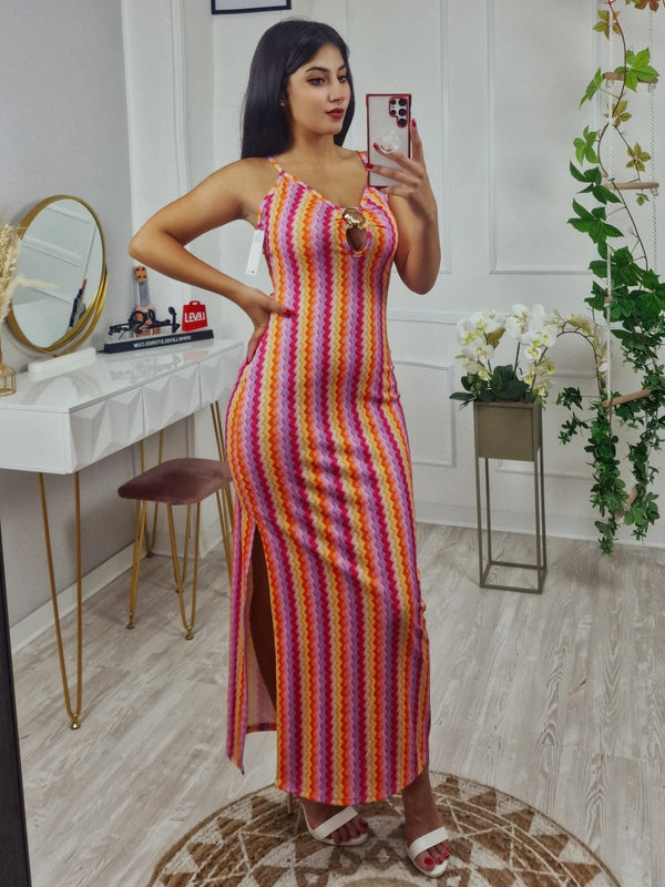 Abito in tessuto strutturato leggero con bretelle Scollo a V Multicolore Aderente Elasticizzato Spacco - Viola - Level Stores