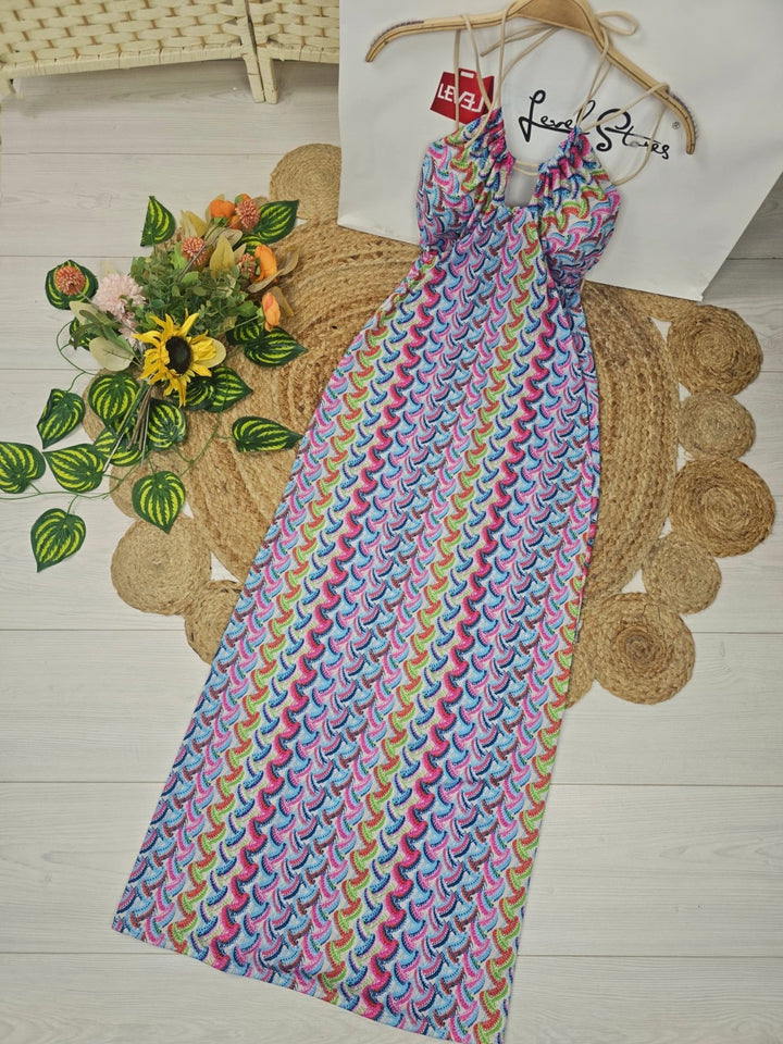Abito in tessuto strutturato leggero con scollo all'americana con coppe preformate Multicolore fantasia zig zag Aderente Elasticizzato Azzurro Level Stores