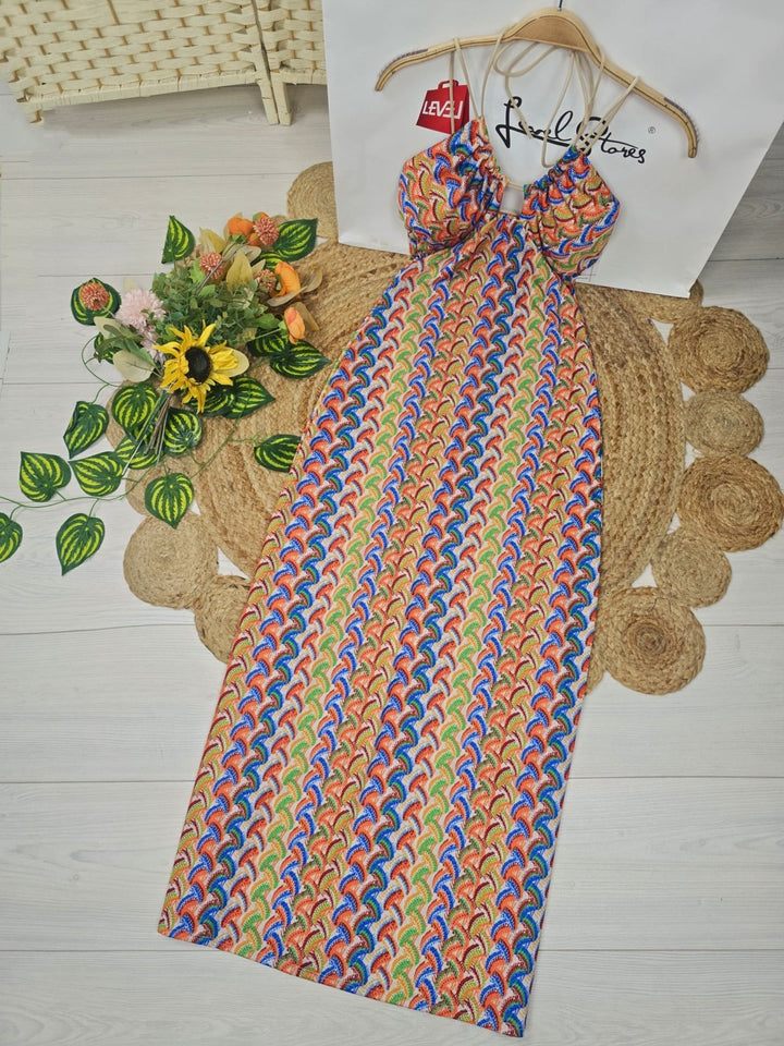Abito in tessuto strutturato leggero con scollo all'americana con coppe preformate Multicolore fantasia zig zag Aderente Elasticizzato Viola Level Stores
