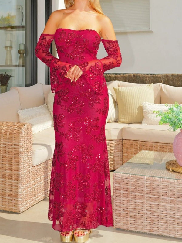 Abito in tulle con scollo a cuore ricamo con con paillettes manica lunga aderente elasticizzato elegante Bordo Level Stores