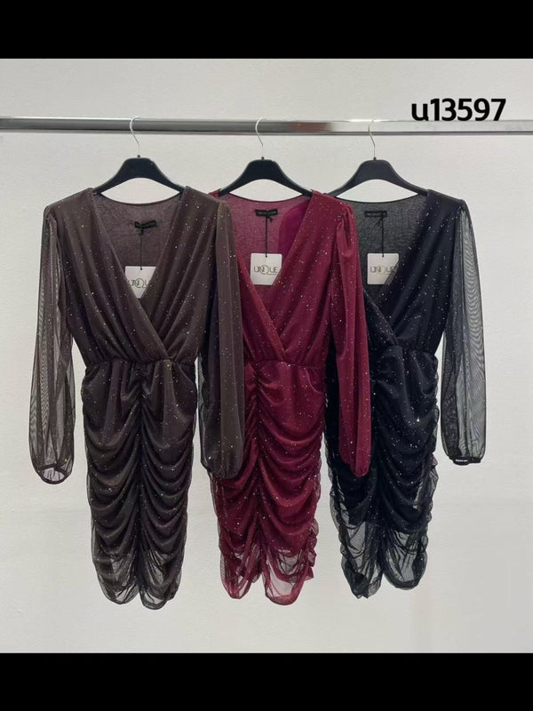 Abito in tulle lurex scollo a v elegante elasticizzato Nero Level Stores