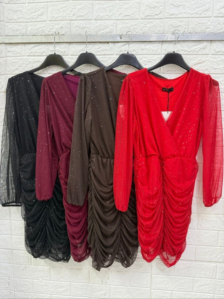 Abito in tulle lurex scollo a v elegante elasticizzato Rosso Level Stores