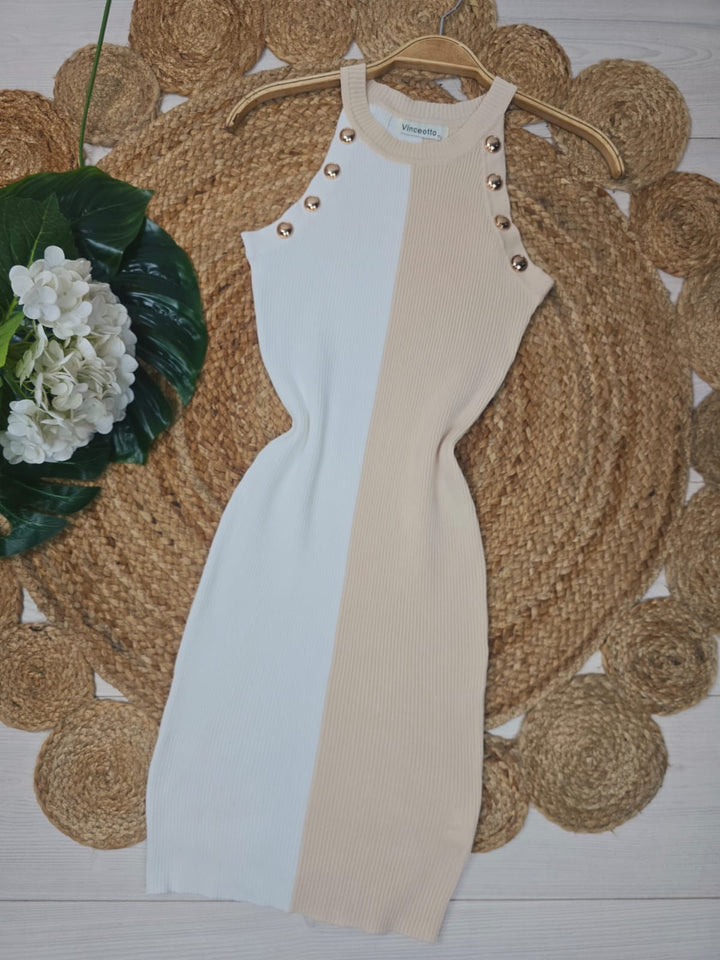 Abito in viscosa aderente scollo all'americana - Beige - Level Stores