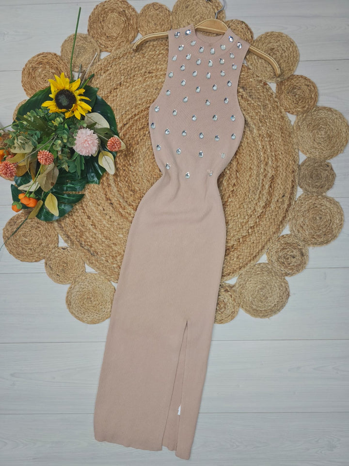 Abito in viscosa aderente strass spacco - Beige - Level Stores