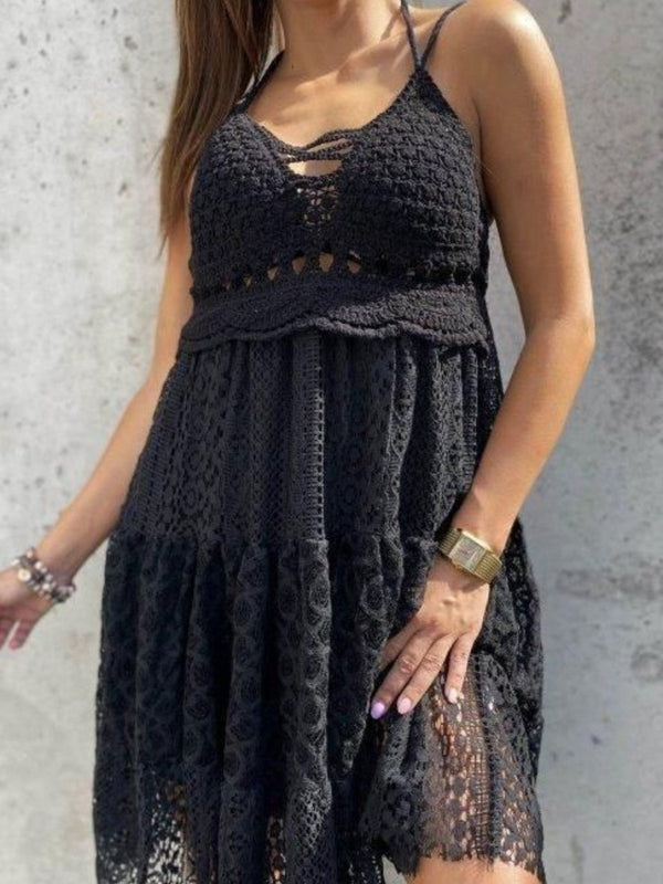 Abito in&nbsp;pizzo effetto uncinetto traforato con bretelle elasticizzato - Nero - Level Stores