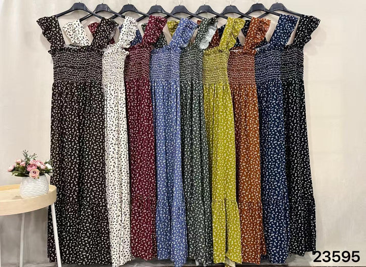 Abito Leggero con fantasia floreale spalline con volant con fascia arricciata elasticizzato gonna svasata con balza sul fondo - Nero - Level Stores